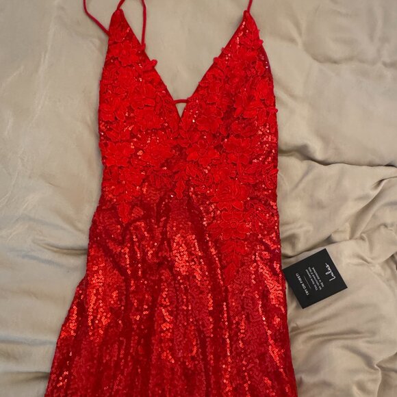 Lulus I've Got To Glow Red Sequin Lace-up Mermaid Maxi Dress - Size M - Picture 5 of 6